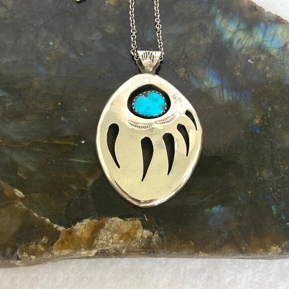 VTG Sterling Silver 925 Southwest Bear Pawn Shadowbox Turquoise Pendant Necklace - Picture 7 of 16